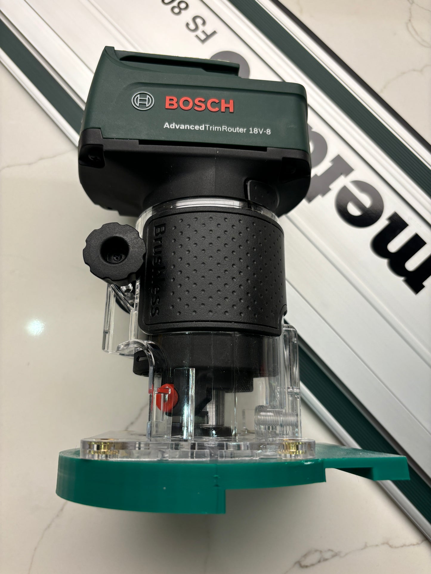 Bosch 18V-8 Advanced Trim Router Plunge Base Guide Rail Adapter to Metabo Track / Guide Rail