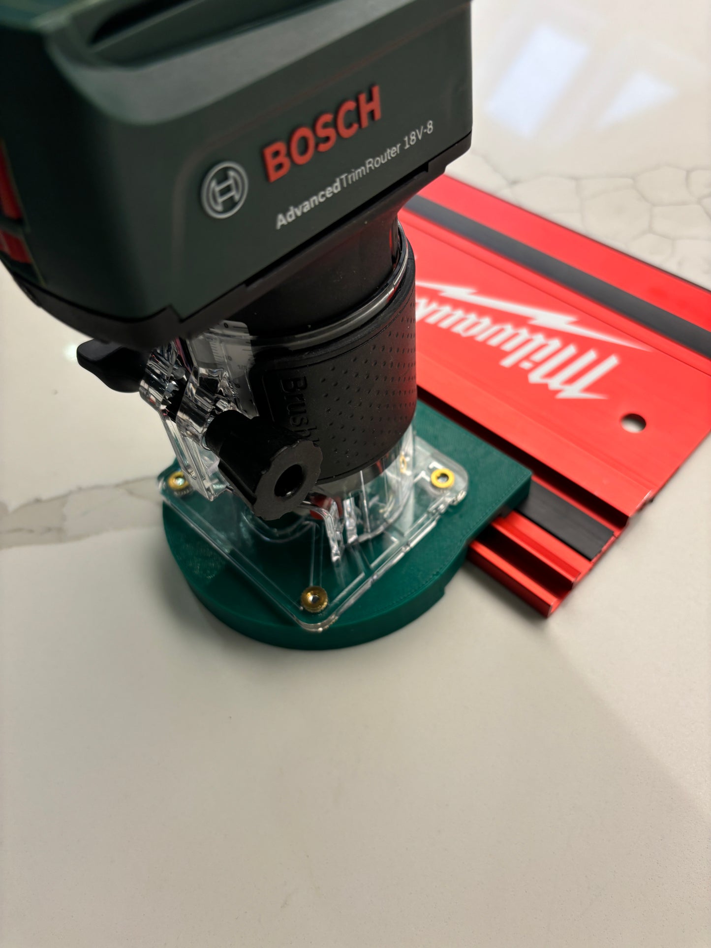 Bosch 18V-8 Advanced Trim Router Plunge Base Guide Rail Adapter to Milwaukee Track / Guide Rail