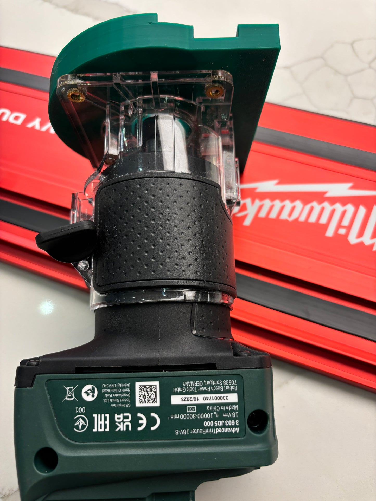 Bosch 18V-8 Advanced Trim Router Plunge Base Guide Rail Adapter to Milwaukee Track / Guide Rail