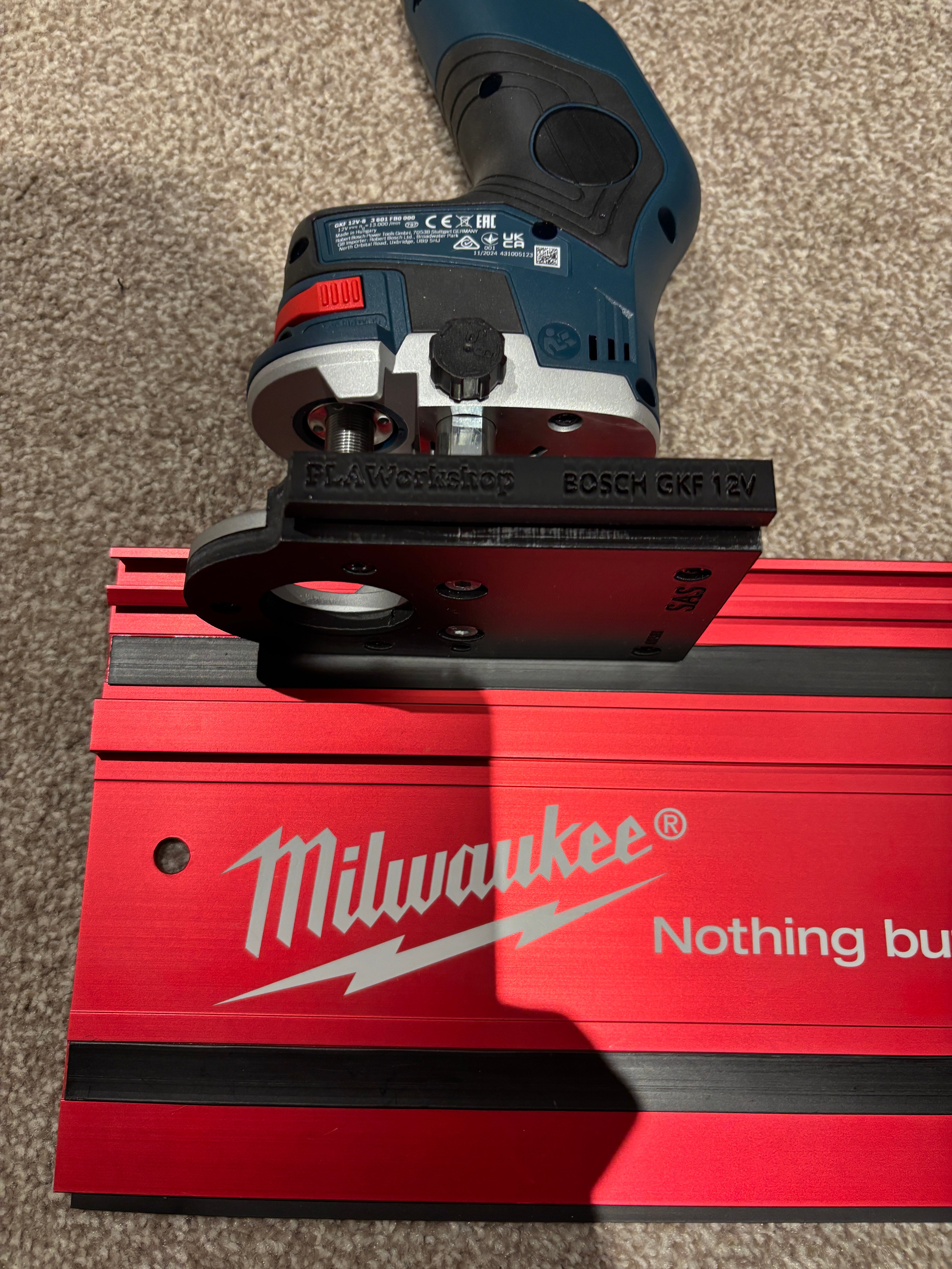 Bosch GKF 12V-8 Cordless Edge Trim Router Base Guide Rail Adapter to Milwaukee Track / Guide Rail