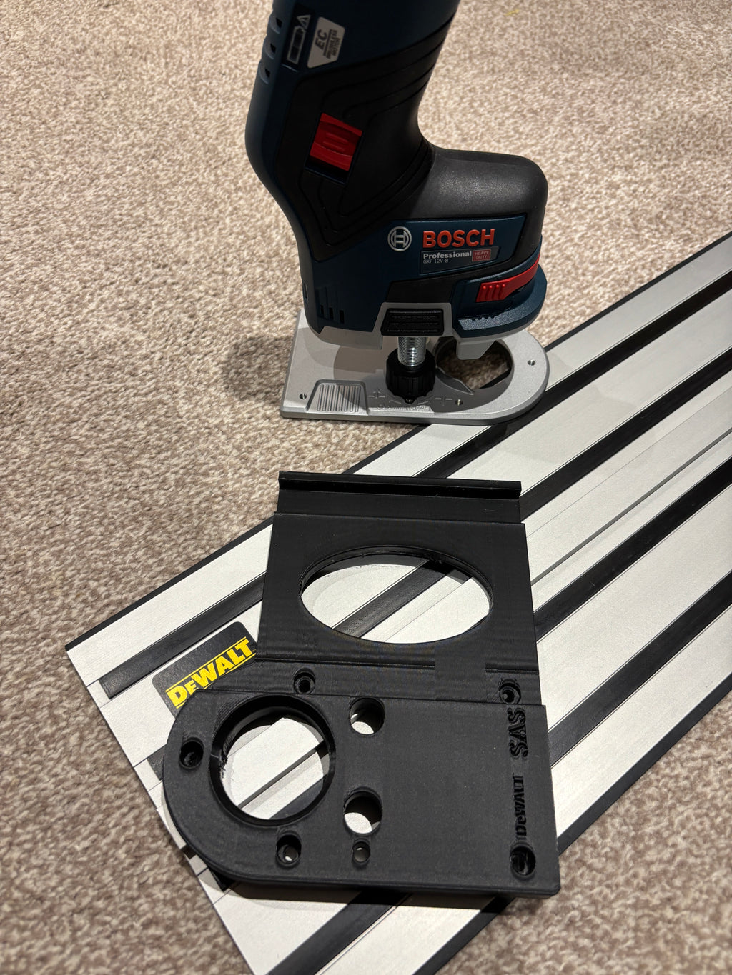 Bosch GKF 12V-8 Cordless Edge Trim Router Base Guide Rail Adapter to Dewalt Track / Guide Rail