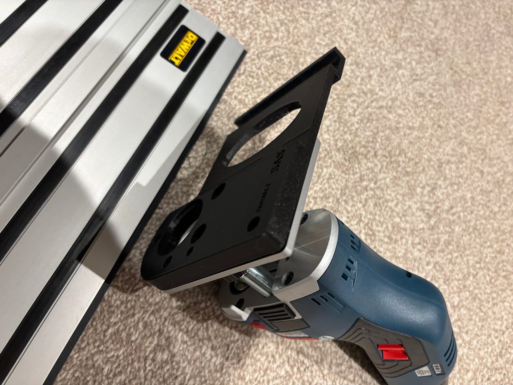 Bosch GKF 12V-8 Cordless Edge Trim Router Base Guide Rail Adapter to Dewalt Track / Guide Rail